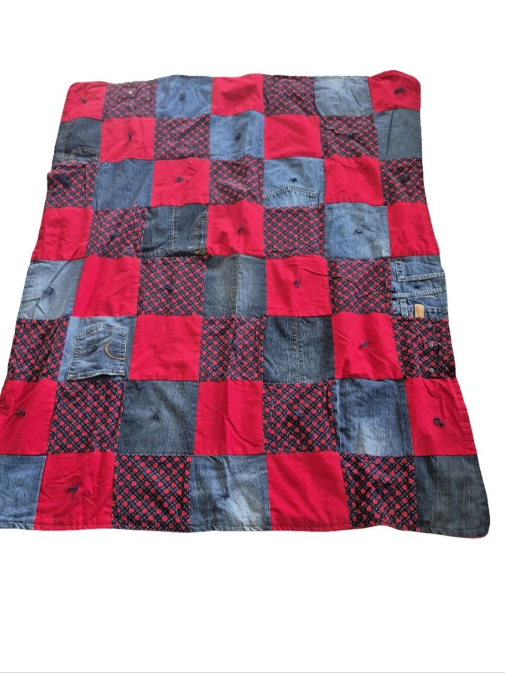 Hand Made Quilt With Denim Blue Jean Accents 54 X 46
